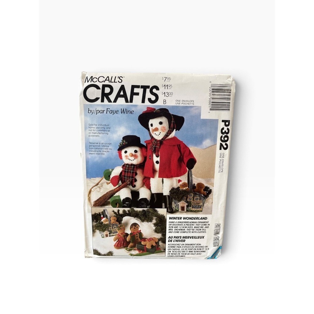 McCall's Sewing Pattern Unisex OS P392 Snowman Gingerbread Doll Clothes Vintage